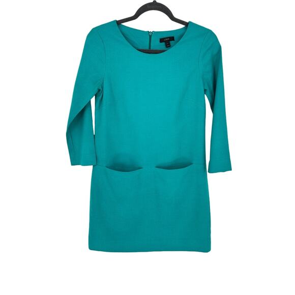 J. Crew Wool Blend Shift Knee Length Dress Teal Green Pockets Office Workwear 00 - Picture 1 of 11